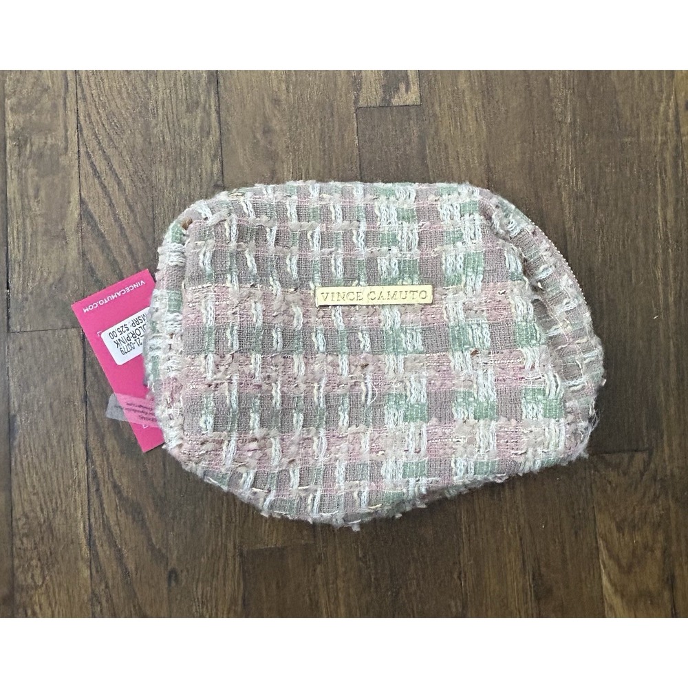 Vince Camuto cosmetic bag featuring a pink and green tweed New
